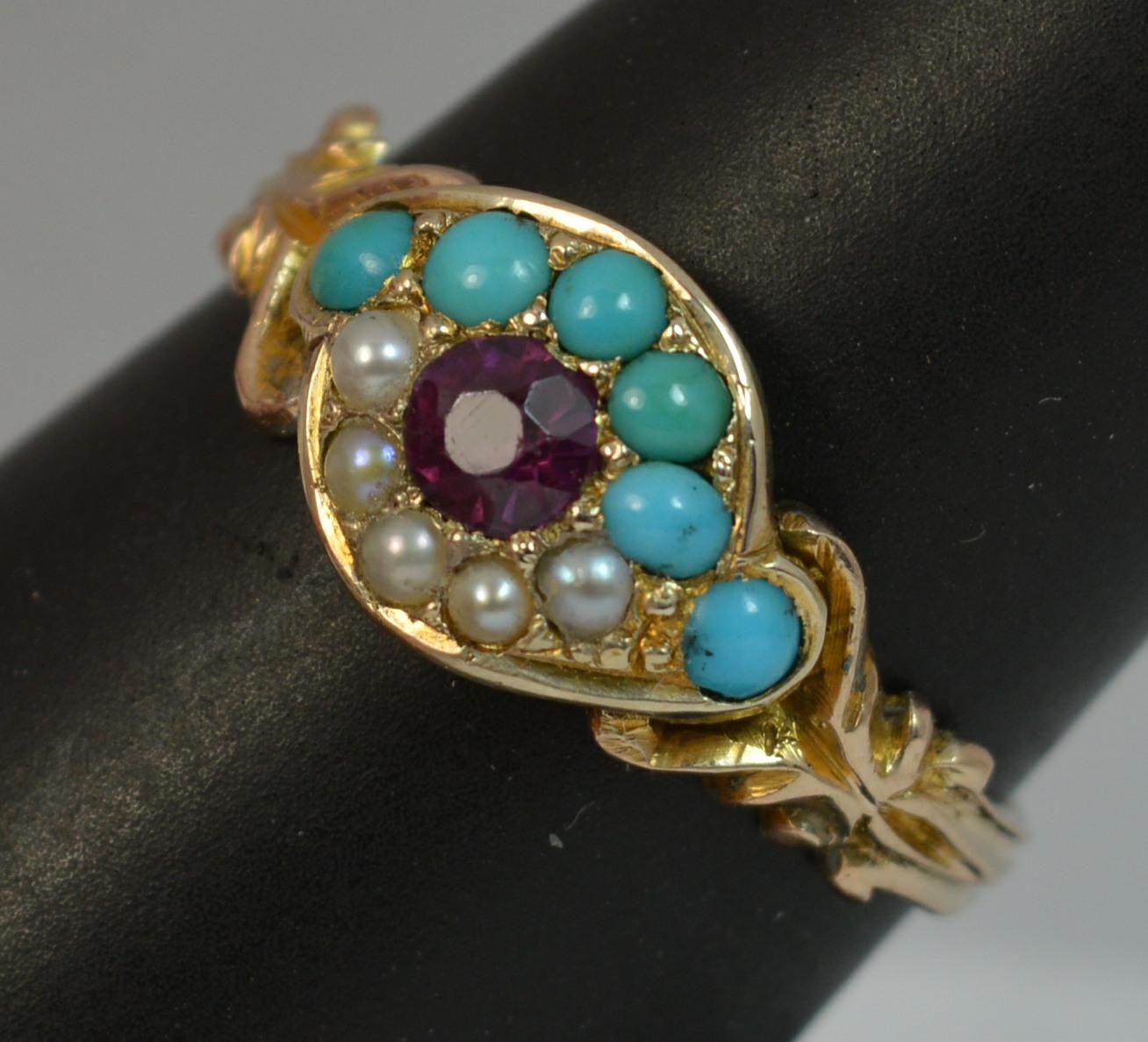 Victorian 15 Carat Gold Garnet Pearl and Turquoise All Seeing Eye Cluster Ring 8