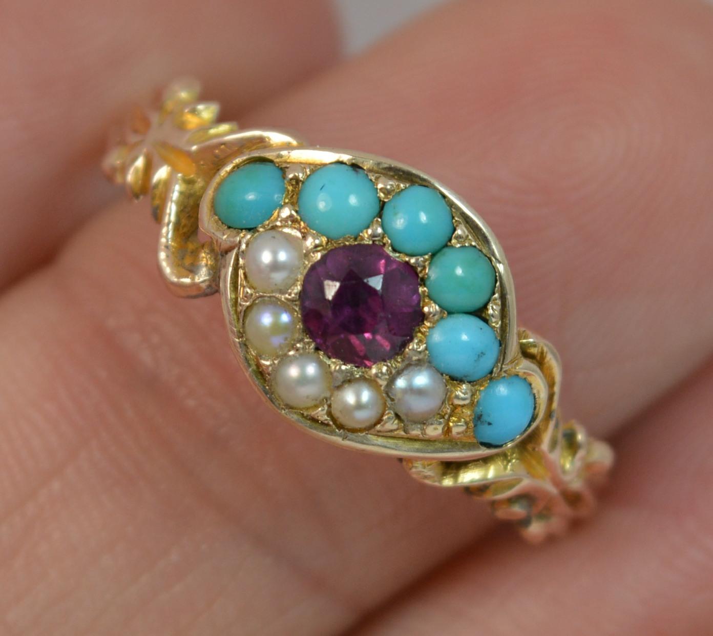 Victorian 15 Carat Gold Garnet Pearl and Turquoise All Seeing Eye Cluster Ring In Good Condition In St Helens, GB