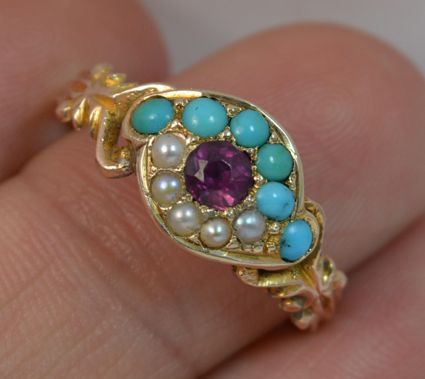 Women's Victorian 15 Carat Gold Garnet Pearl and Turquoise All Seeing Eye Cluster Ring