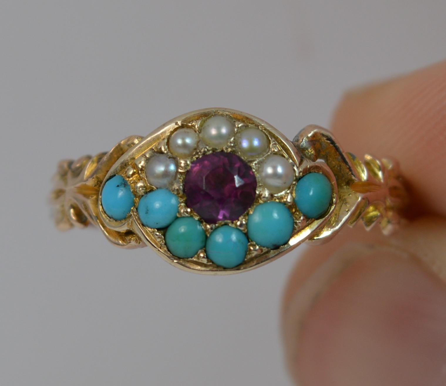Victorian 15 Carat Gold Garnet Pearl and Turquoise All Seeing Eye Cluster Ring 1