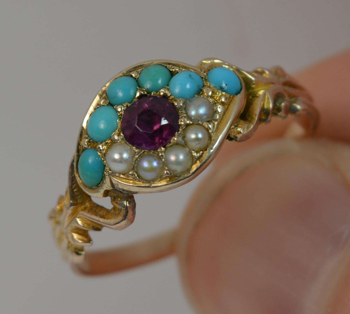 Victorian 15 Carat Gold Garnet Pearl and Turquoise All Seeing Eye Cluster Ring 2