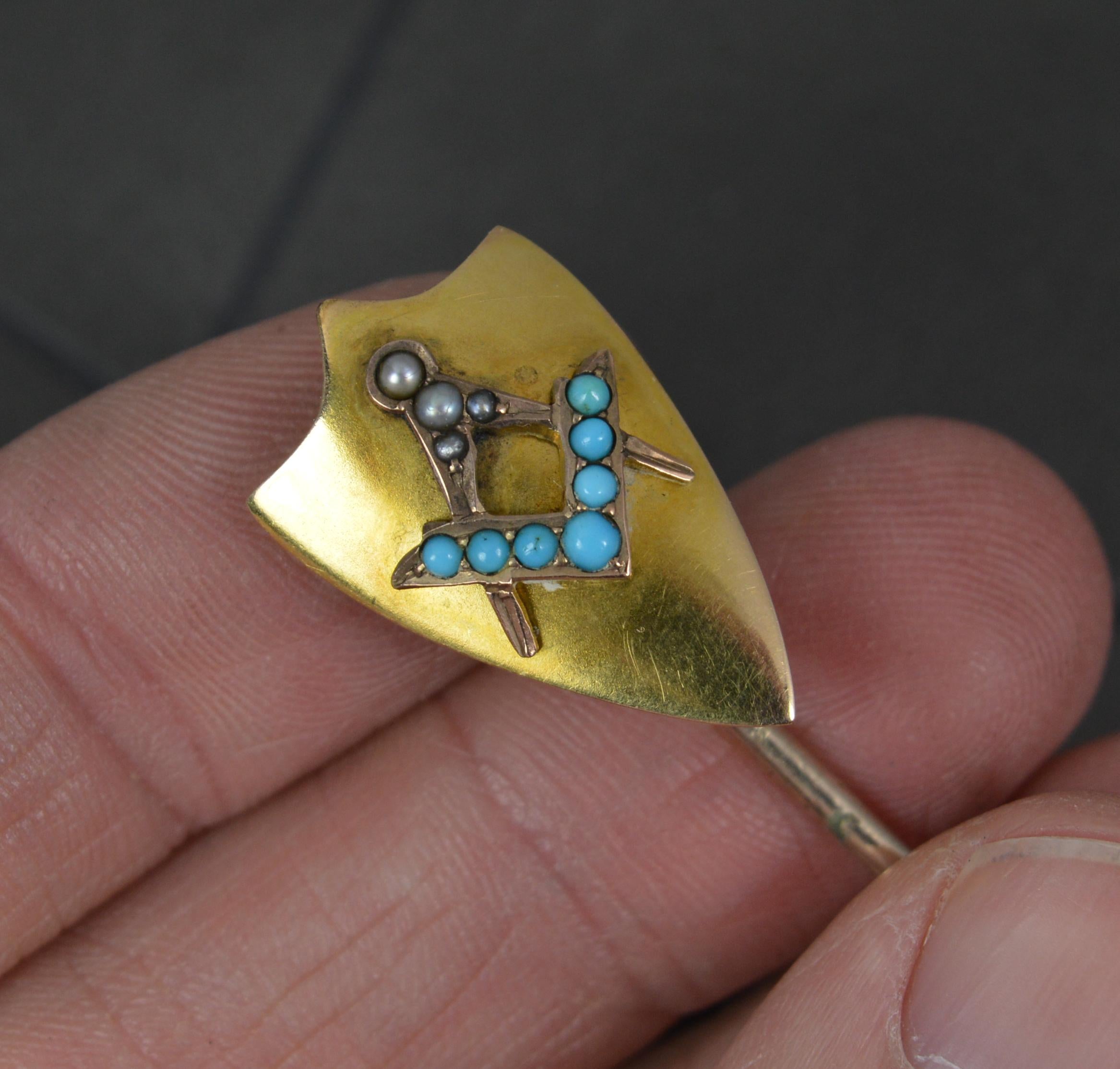 Round Cut Victorian 15ct Gold Masonic Turquoise and Seed Pearl Shield Stick Tie Pin