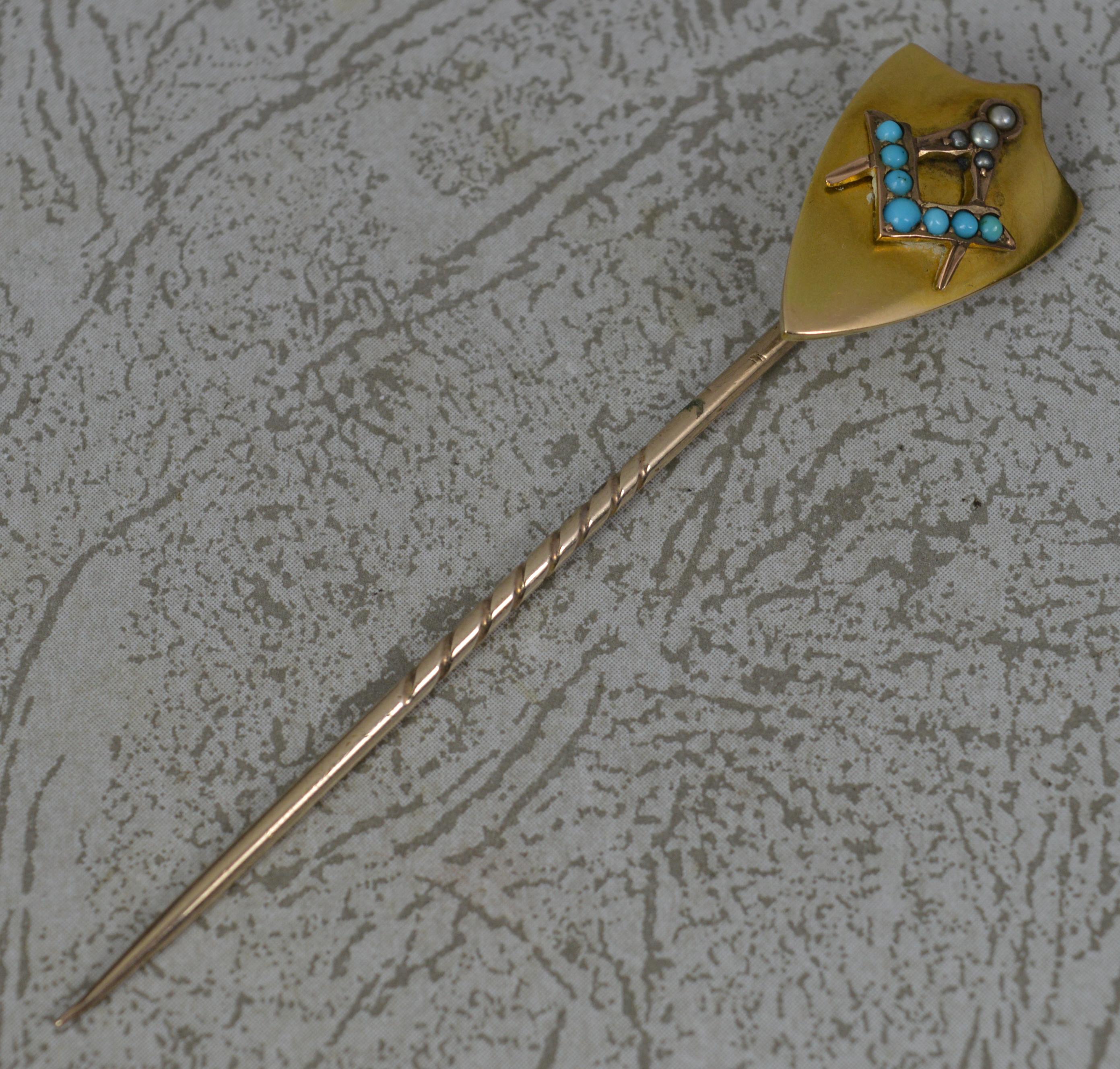 Victorian 15ct Gold Masonic Turquoise and Seed Pearl Shield Stick Tie Pin In Excellent Condition In St Helens, GB