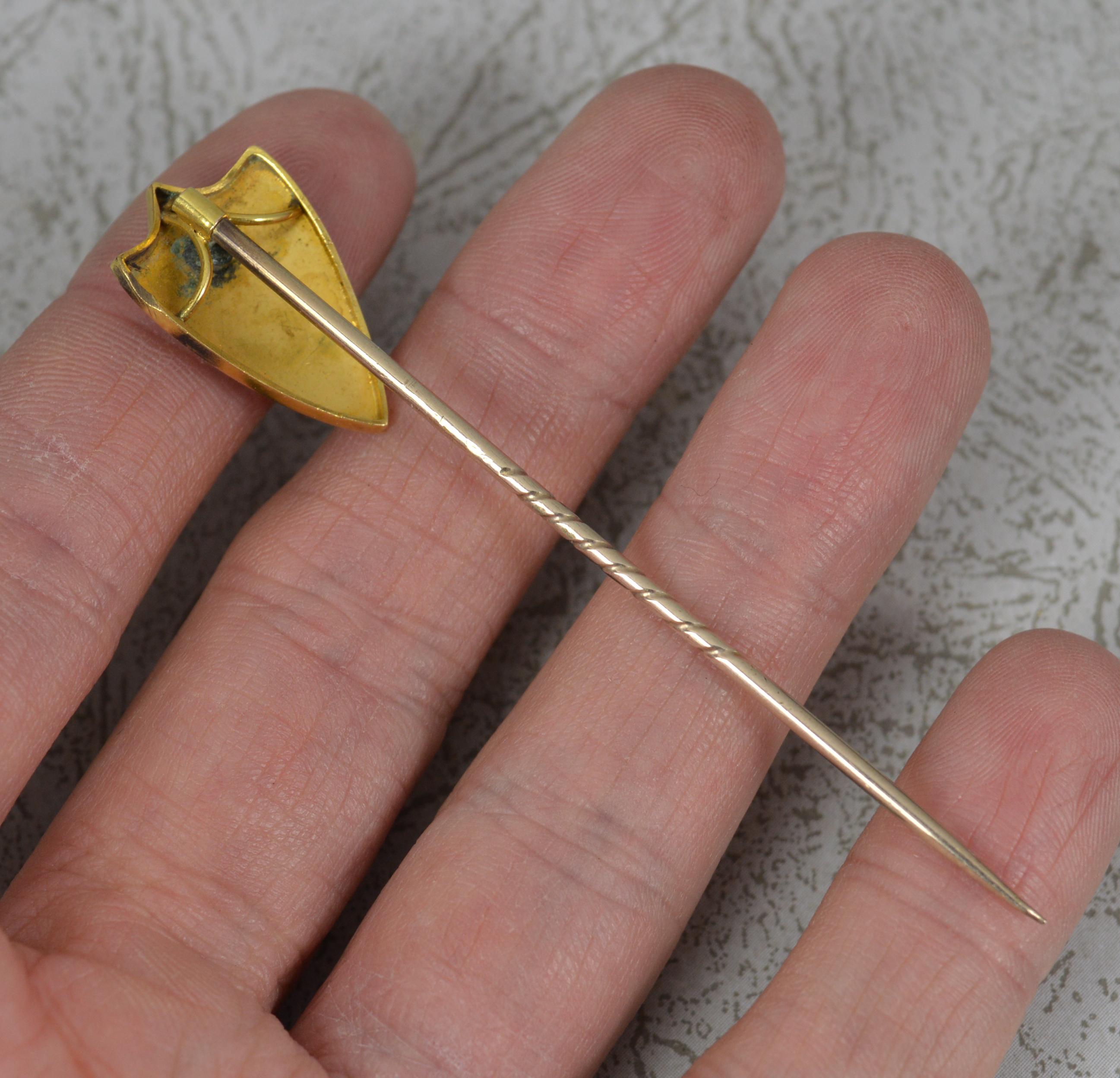 Victorian 15ct Gold Masonic Turquoise and Seed Pearl Shield Stick Tie Pin 1