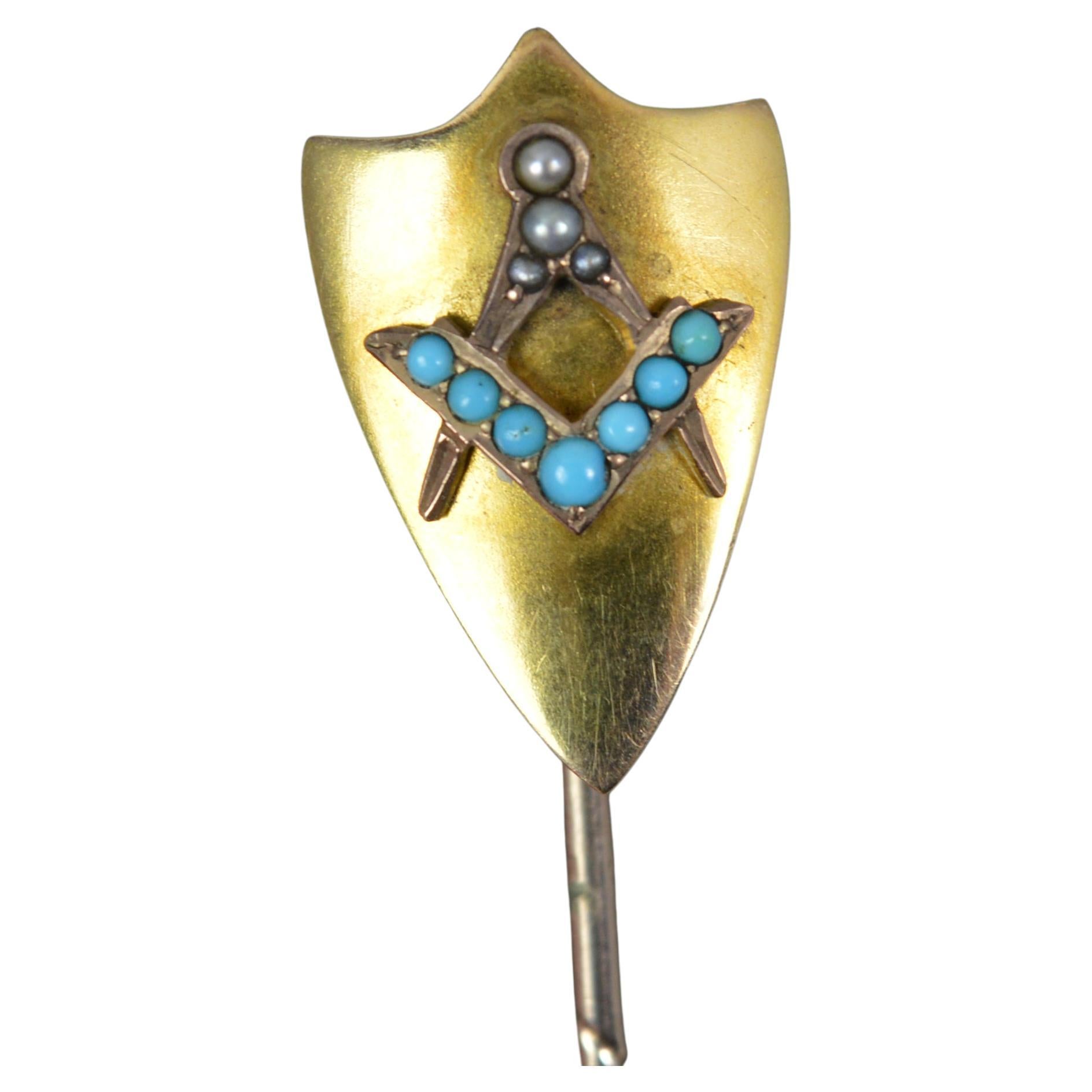Victorian 15ct Gold Masonic Turquoise and Seed Pearl Shield Stick Tie Pin
