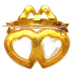 Victorian 15ct Gold Moonstone & Split Pearl Double-Heart Brooch