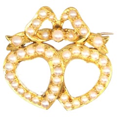 Victorian 15ct Gold Moonstone & Split Pearl Double-Heart Brooch
