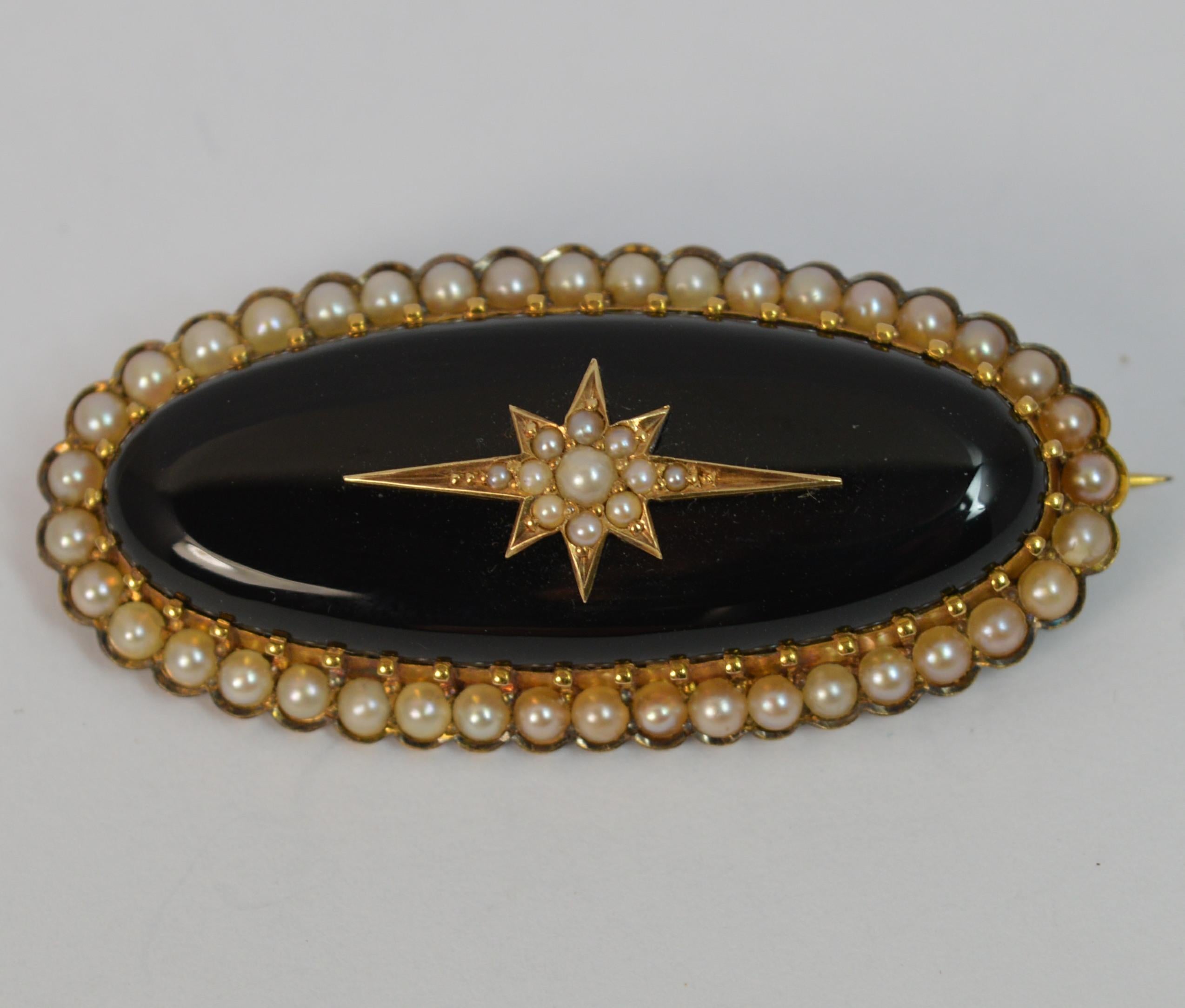 Women's Victorian 15 Carat Gold Onyx and Seed Pearl Brooch