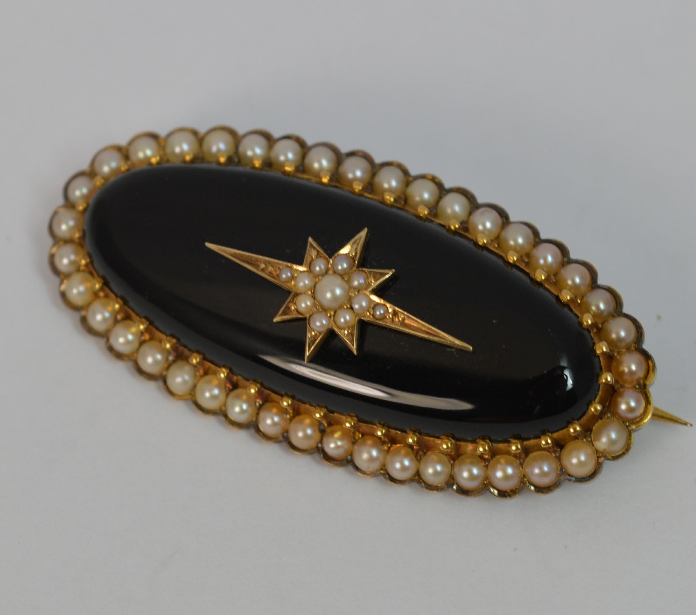 Victorian 15 Carat Gold Onyx and Seed Pearl Brooch 1