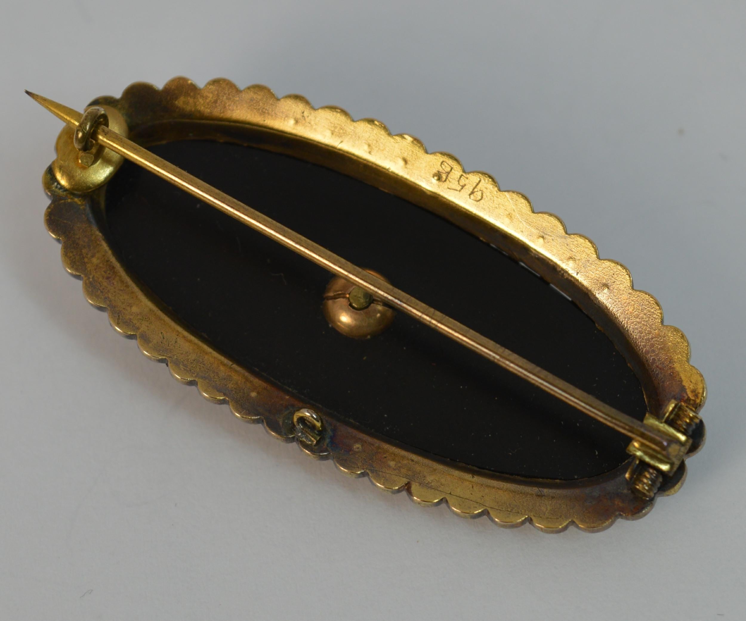 Victorian 15 Carat Gold Onyx and Seed Pearl Brooch 3
