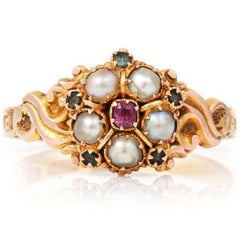 Victorian 15ct Gold Pink Sapphire, Pearl and Green Beryl Cluster Ring Circa 1866