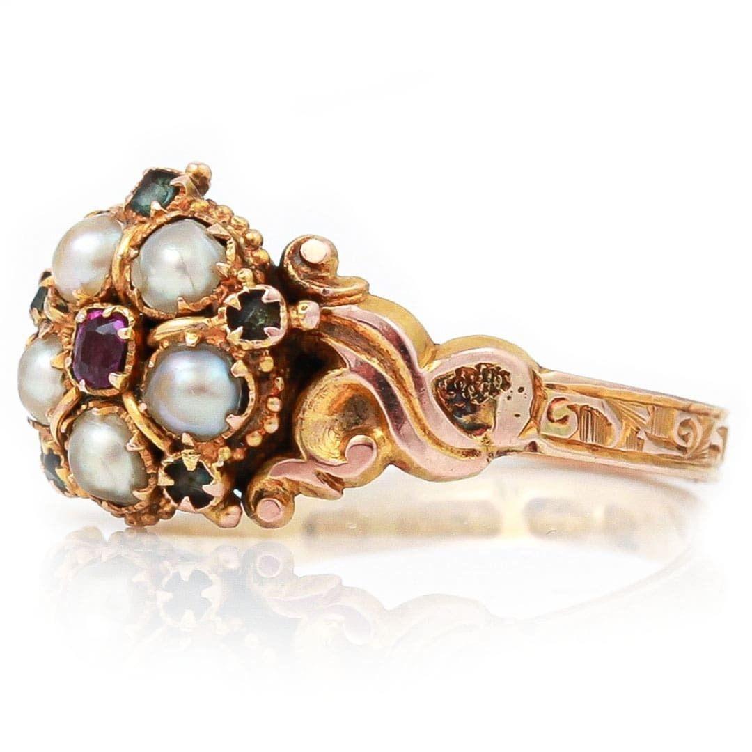 High Victorian Victorian 15ct Gold Pink Sapphire, Pearl and Green Beryl Cluster Ring Circa 1866