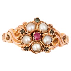 Antique Victorian 15ct Gold Pink Sapphire, Pearl and Green Beryl Cluster Ring Circa 1866