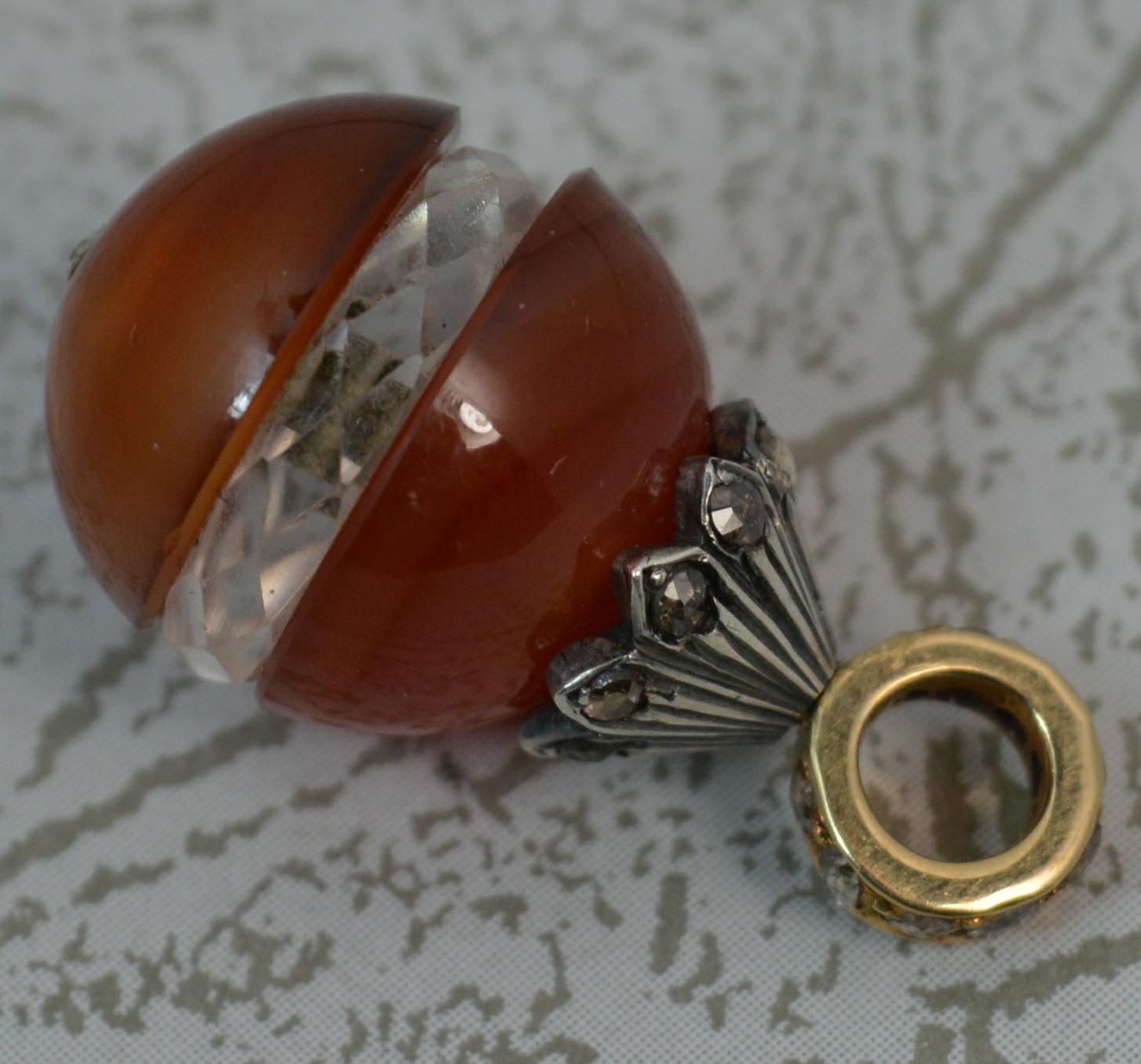 Victorian 15 Carat Gold Rose Cut Diamond Carnelian Rock Crystal Egg Pendant 7