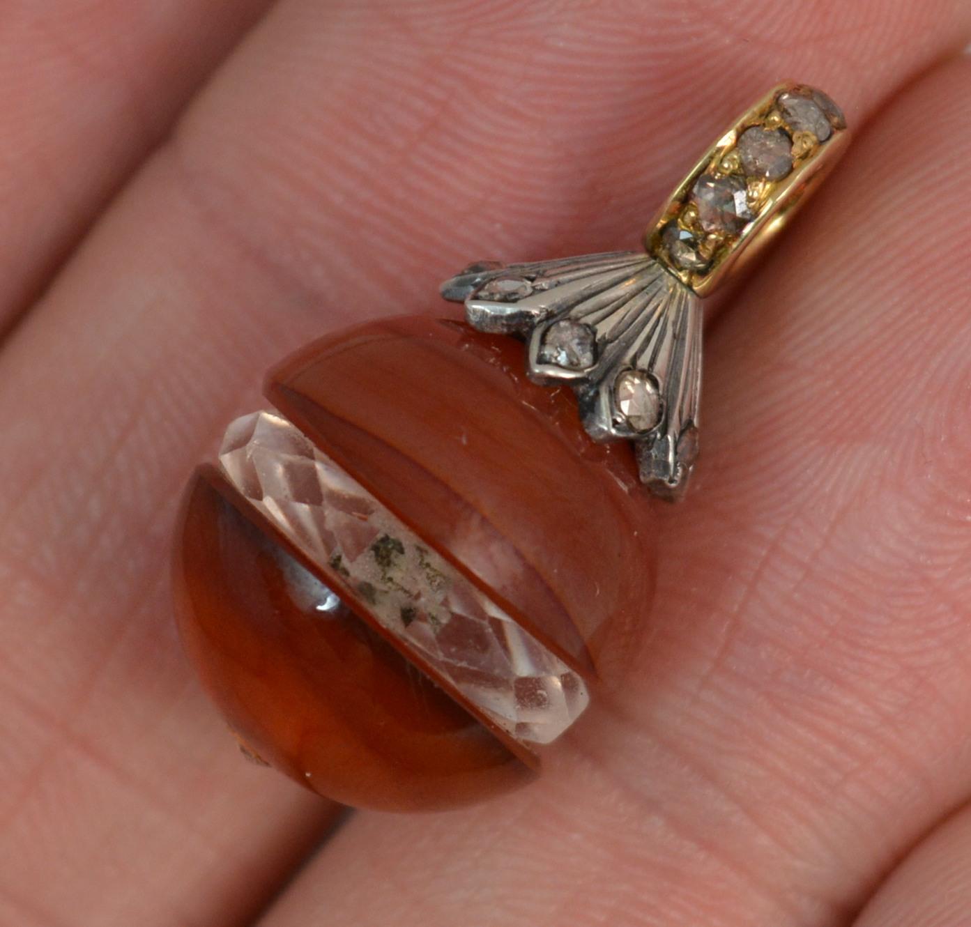 Victorian 15 Carat Gold Rose Cut Diamond Carnelian Rock Crystal Egg Pendant In Excellent Condition In St Helens, GB