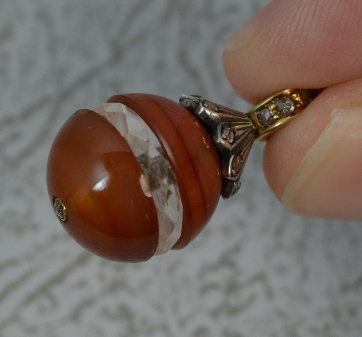 Victorian 15 Carat Gold Rose Cut Diamond Carnelian Rock Crystal Egg Pendant 5