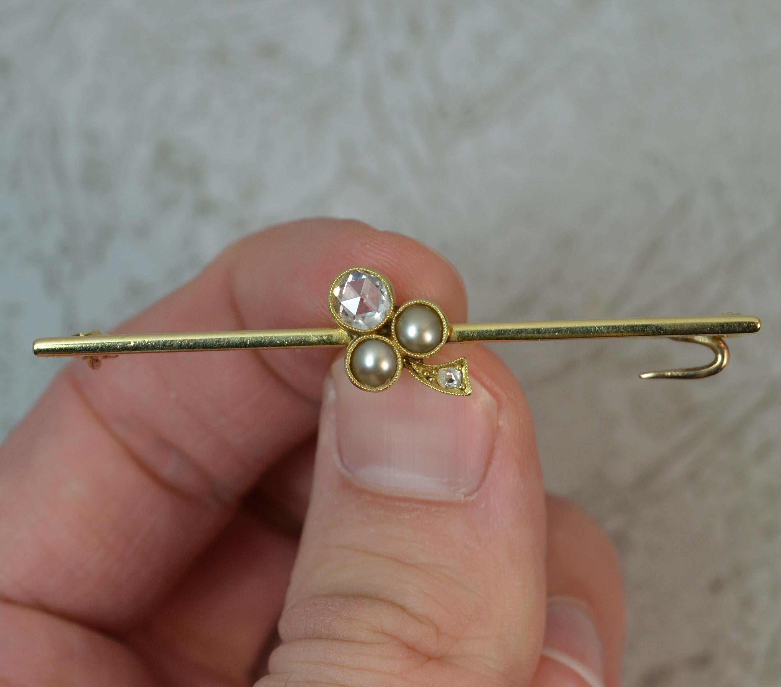 Victorian 15 Carat Gold Rose Cut Diamond Pearl Clover Bar Brooch In Excellent Condition In St Helens, GB