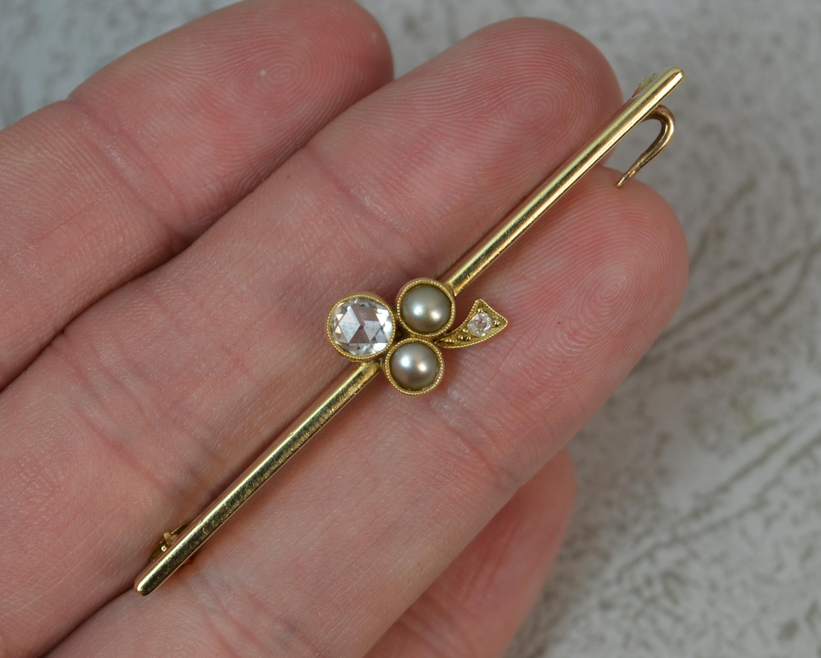 Women's Victorian 15 Carat Gold Rose Cut Diamond Pearl Clover Bar Brooch