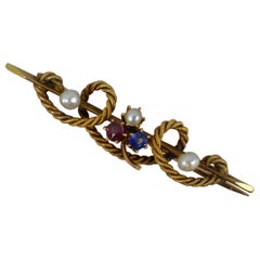 Victorian 15ct Gold Ruby Sapphire Pearl Clover Lovers Knot Brooch