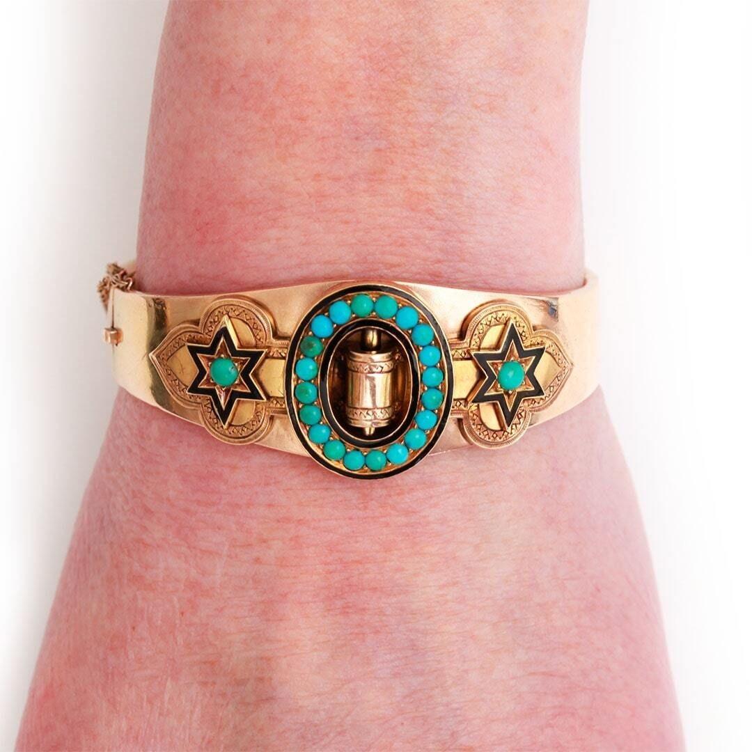 Victorian 15ct Gold Turquoise and Enamel Star and Buckle Bangle, Circa 1880 7