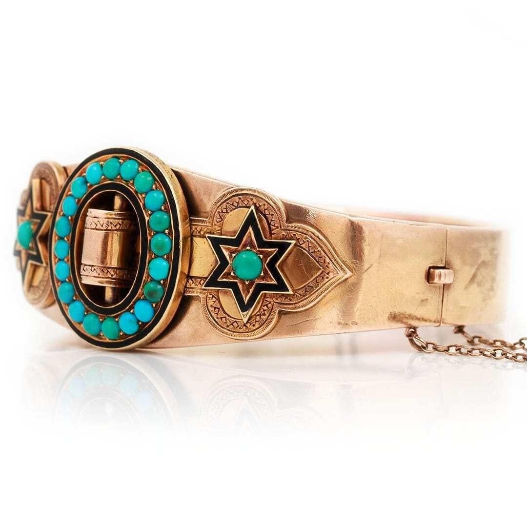 Round Cut Victorian 15ct Gold Turquoise and Enamel Star and Buckle Bangle, Circa 1880