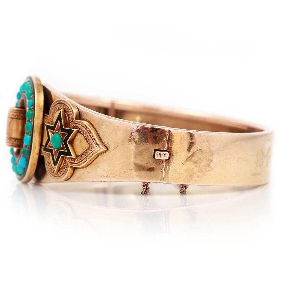 Victorian 15ct Gold Turquoise and Enamel Star and Buckle Bangle, Circa 1880 In Good Condition In Lancashire, Oldham