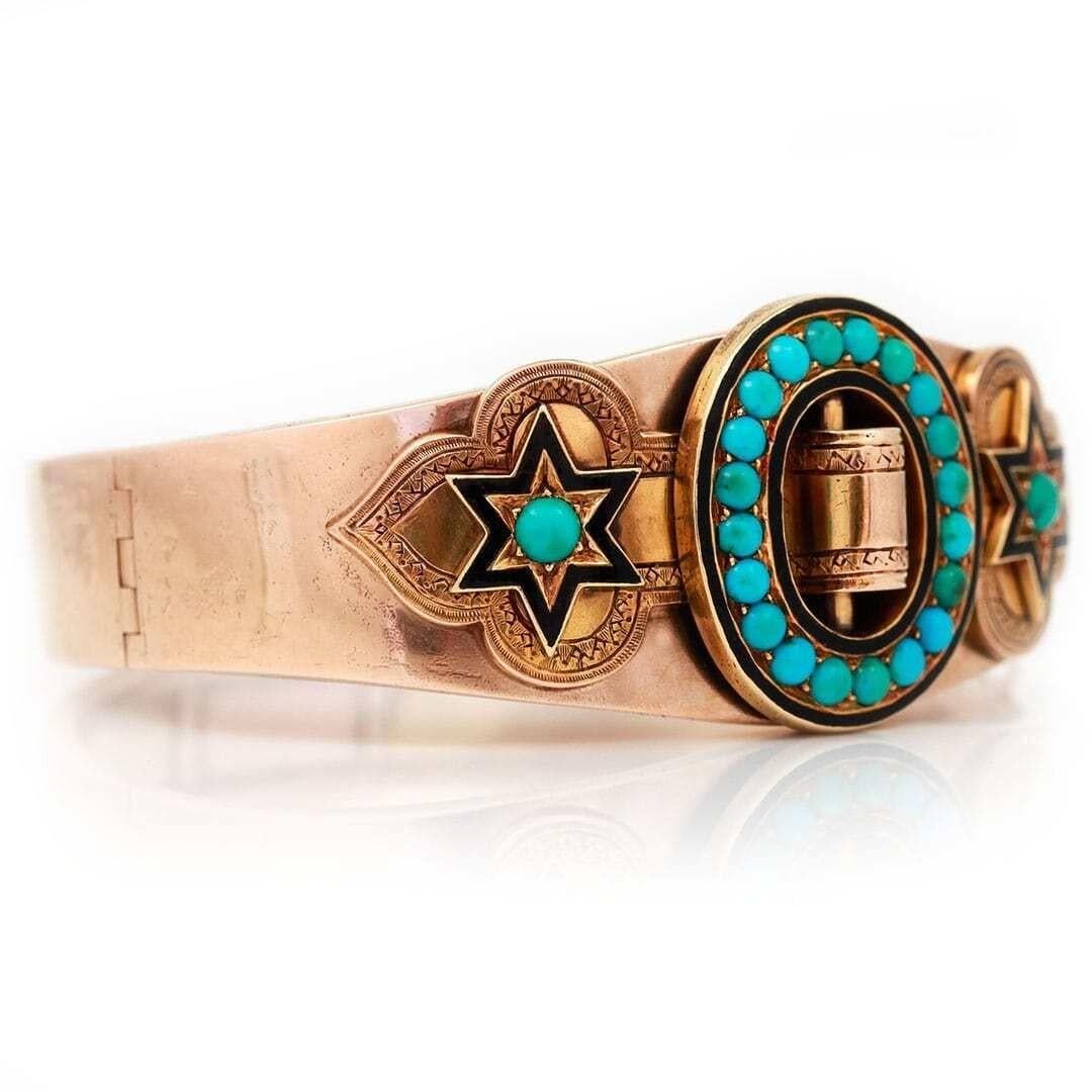 Women's Victorian 15ct Gold Turquoise and Enamel Star and Buckle Bangle, Circa 1880