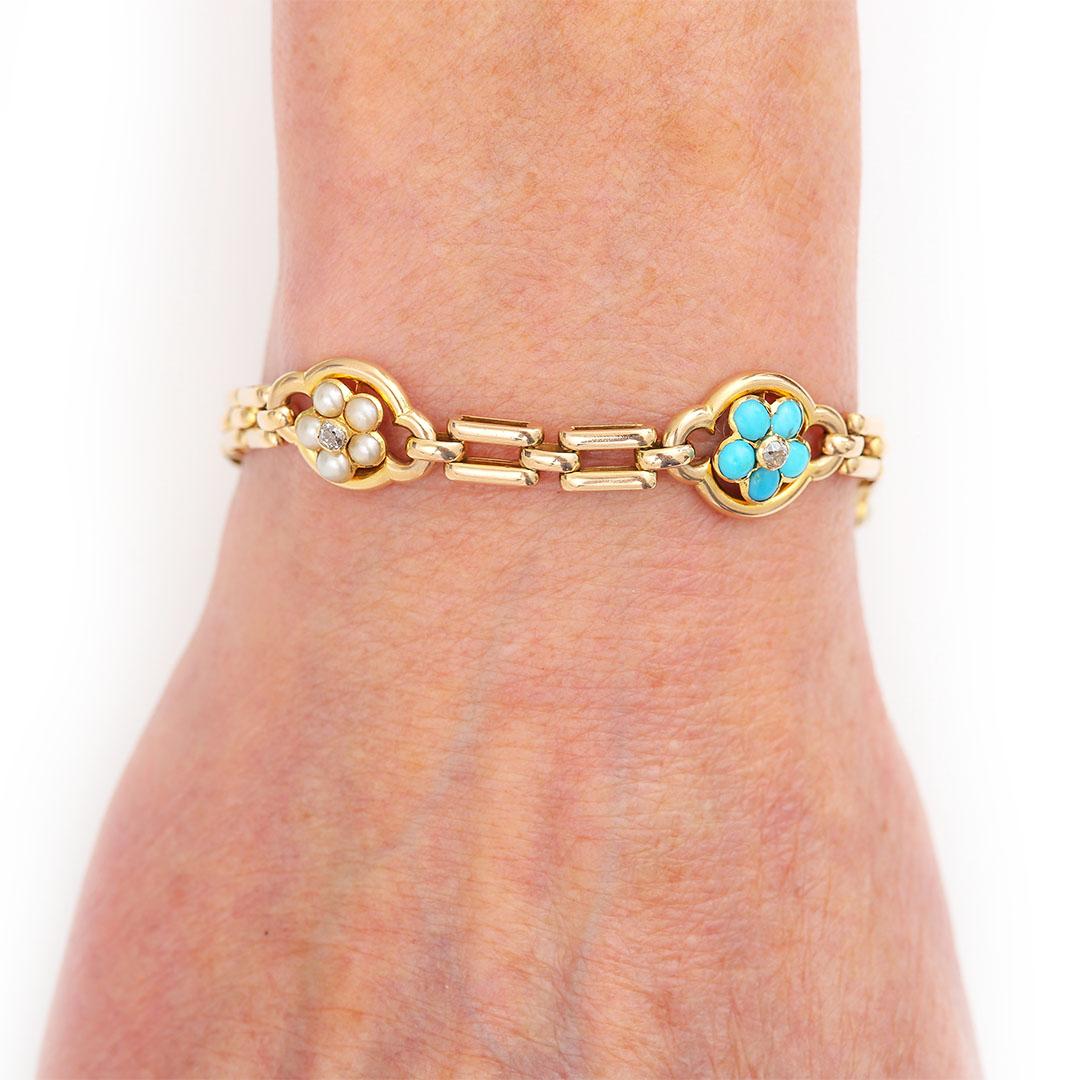 Victorian 15ct Gold Turquoise, Pearl and Diamond Forget Me Not Bracelet For Sale 4