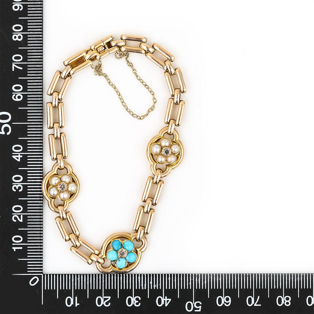 Victorian 15ct Gold Turquoise, Pearl and Diamond Forget Me Not Bracelet For Sale 5