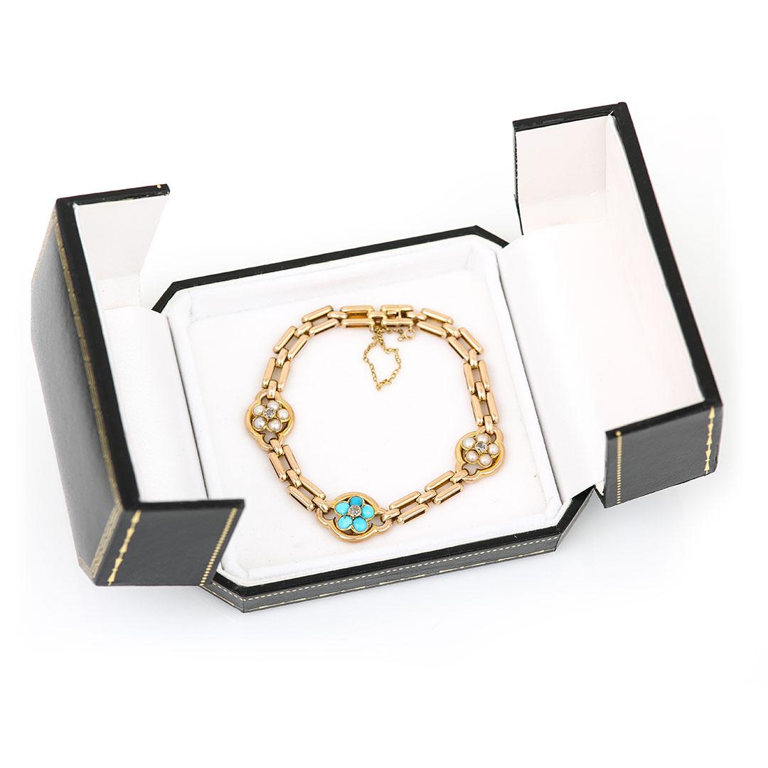 Victorian 15ct Gold Turquoise, Pearl and Diamond Forget Me Not Bracelet For Sale 6