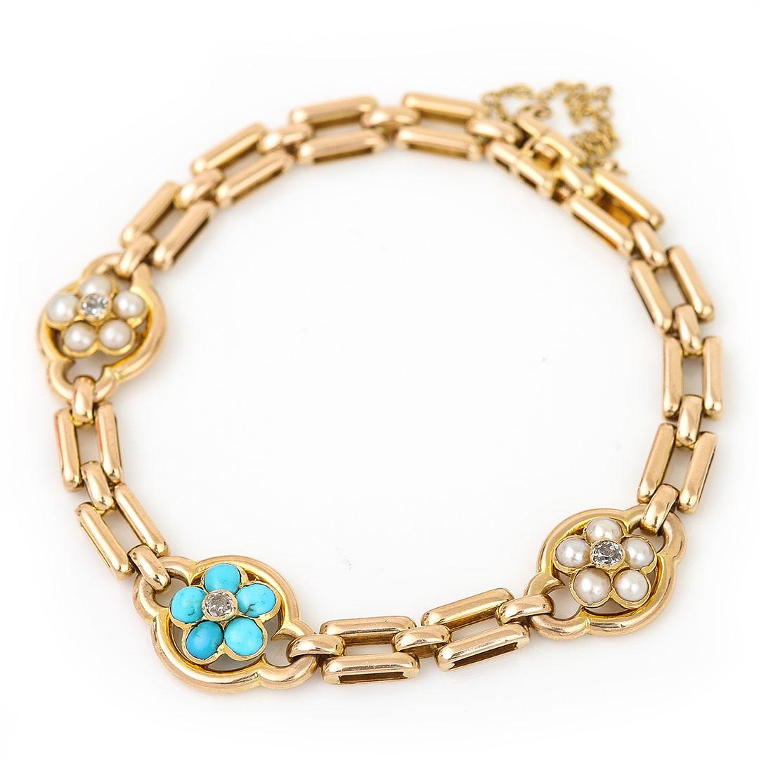 Viktorianisches 15 Karat Gold Türkis, Perle und Diamant Forget Me Not Armband (Cabochon) im Angebot