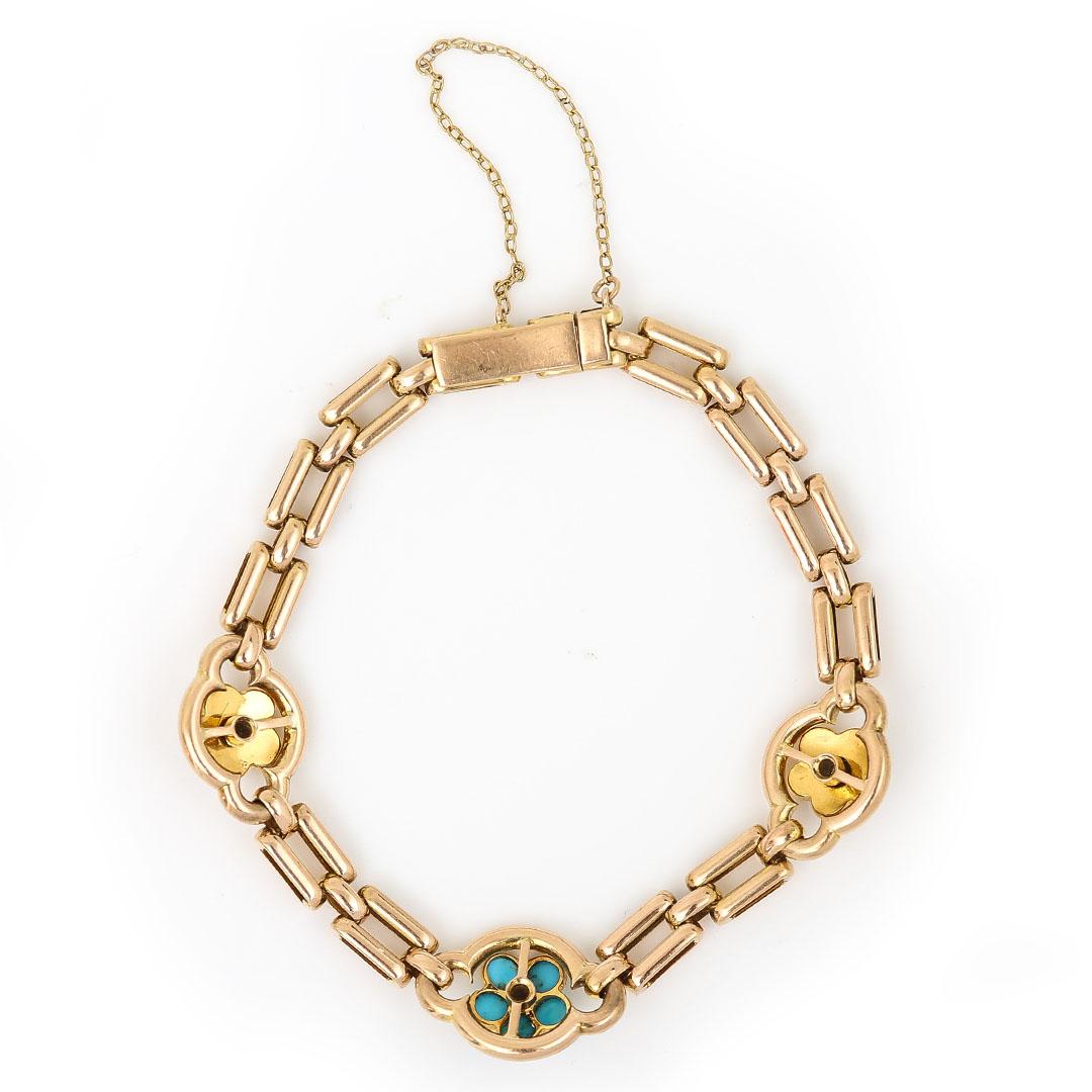 Cabochon Victorian 15ct Gold Turquoise, Pearl and Diamond Forget Me Not Bracelet For Sale