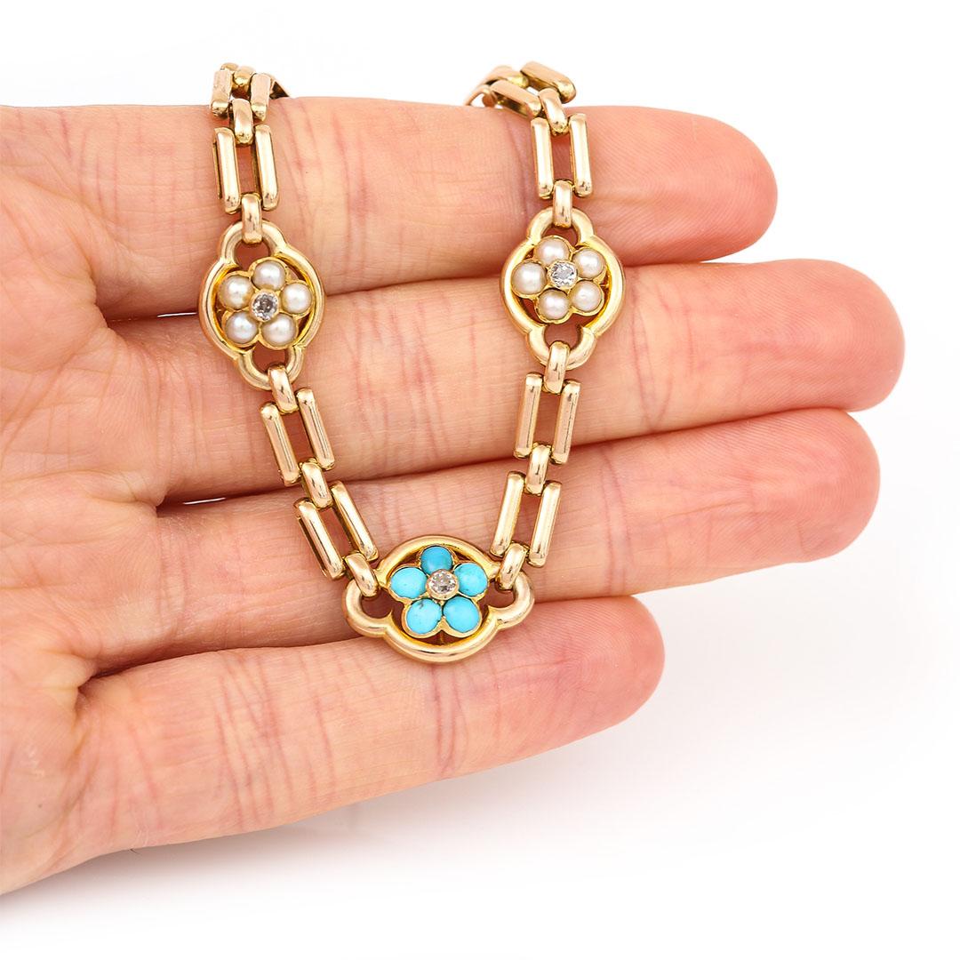Victorian 15ct Gold Turquoise, Pearl and Diamond Forget Me Not Bracelet For Sale 1