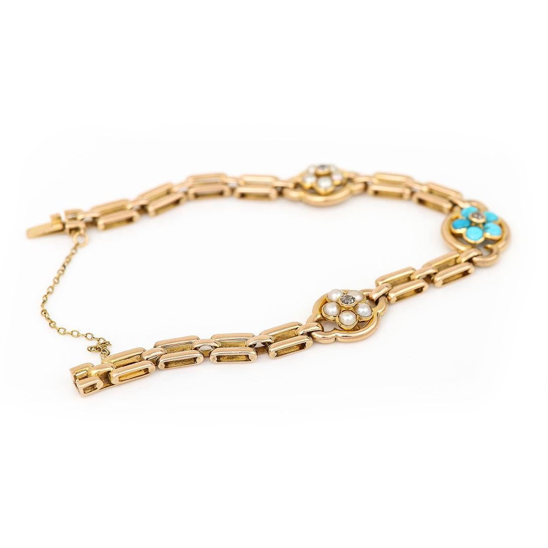 Victorian 15ct Gold Turquoise, Pearl and Diamond Forget Me Not Bracelet For Sale 2