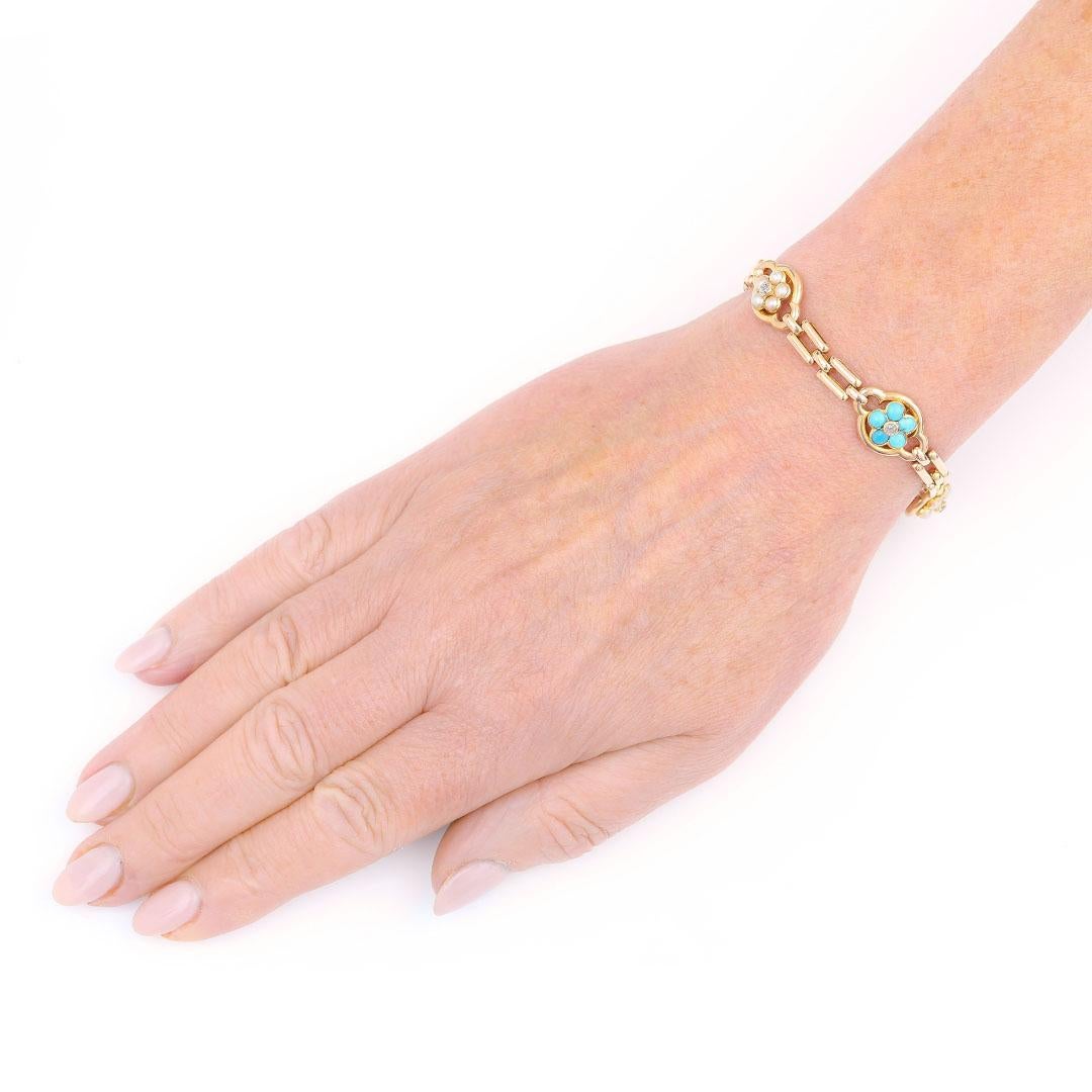 Victorian 15ct Gold Turquoise, Pearl and Diamond Forget Me Not Bracelet For Sale 3