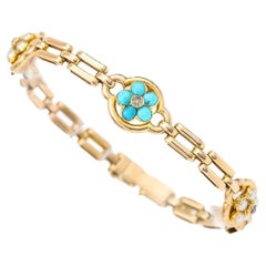 Antique Victorian 15ct Gold Turquoise, Pearl and Diamond Forget Me Not Bracelet