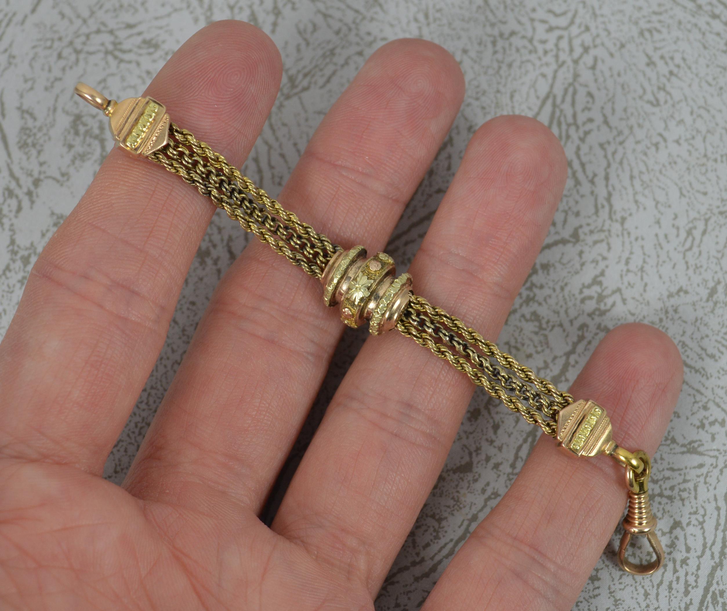 A stunning early to mid Victorian period chain.
Solid 15 carat gold example. Two tone example, rose gold piece with yellow gold highlights. 
Fancy link design throughout.

CONDITION ; Very good for age. Crisp design and strong links. Clean piece.