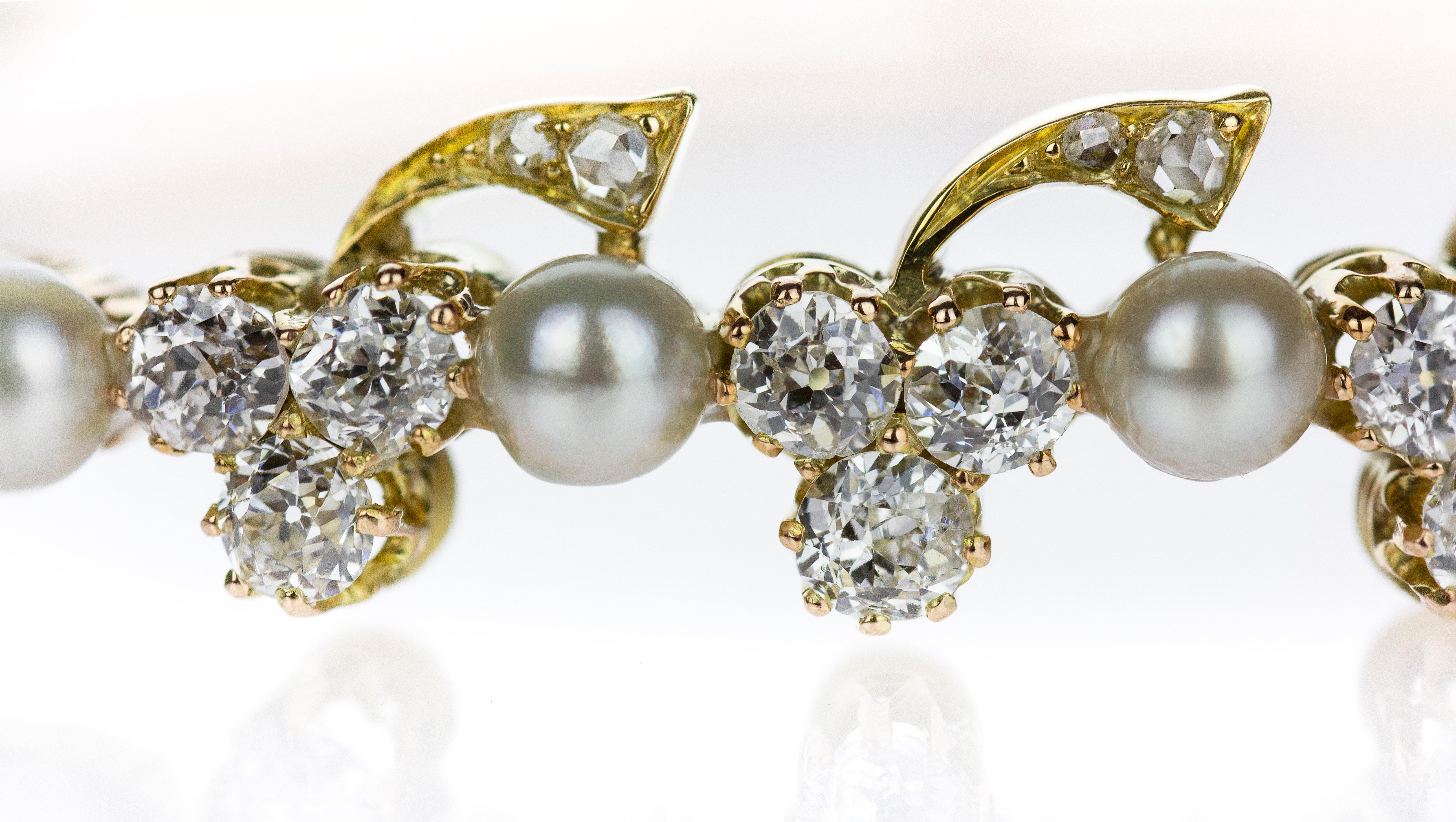 Brazalete victoriano de oro rosa de 15 ct con diamantes antiguos y perlas naturales, llavero en venta 1