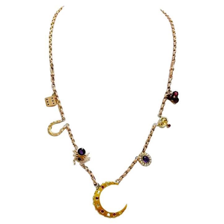 Victorian 15ct Rose Gold, Diamond, Ruby, Amethyst Charm Necklace For Sale