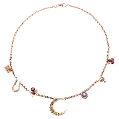 Victorian 15ct Rose Gold, Diamond, Ruby, Amethyst Charm Necklace