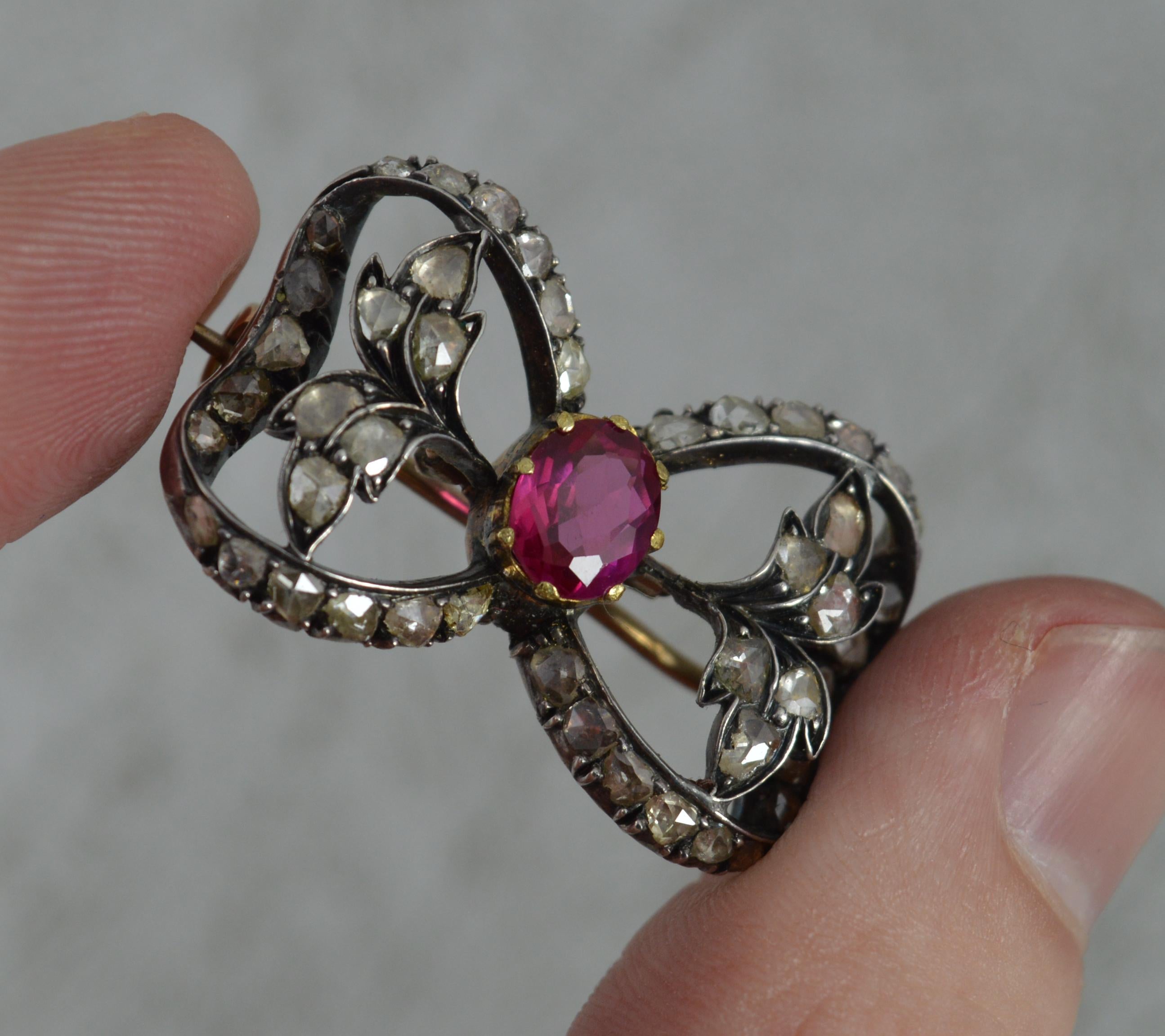 Victorian 15 Carat Rose Gold Ruby and Rose Cut Diamond Brooch In Excellent Condition In St Helens, GB