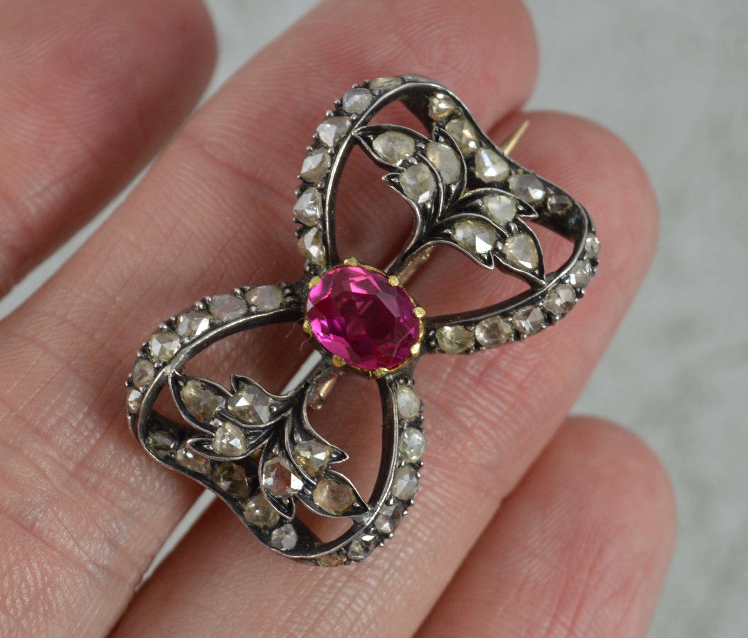 Women's Victorian 15 Carat Rose Gold Ruby and Rose Cut Diamond Brooch