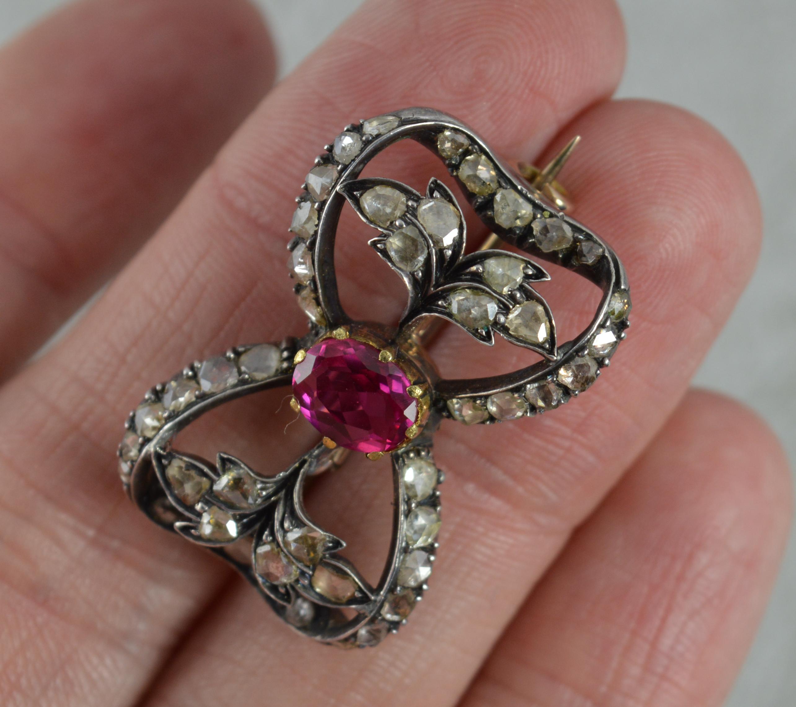 Victorian 15 Carat Rose Gold Ruby and Rose Cut Diamond Brooch 1