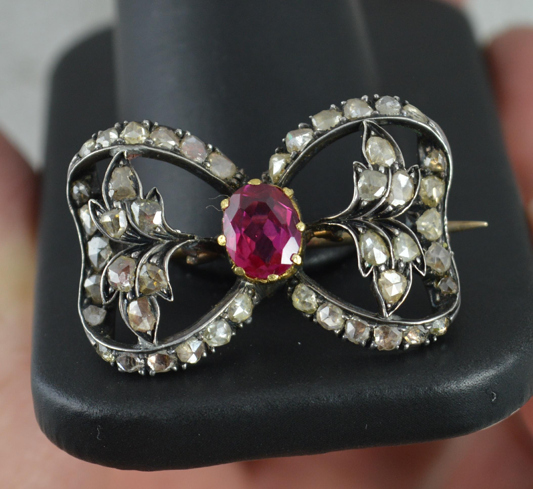 Victorian 15 Carat Rose Gold Ruby and Rose Cut Diamond Brooch 4