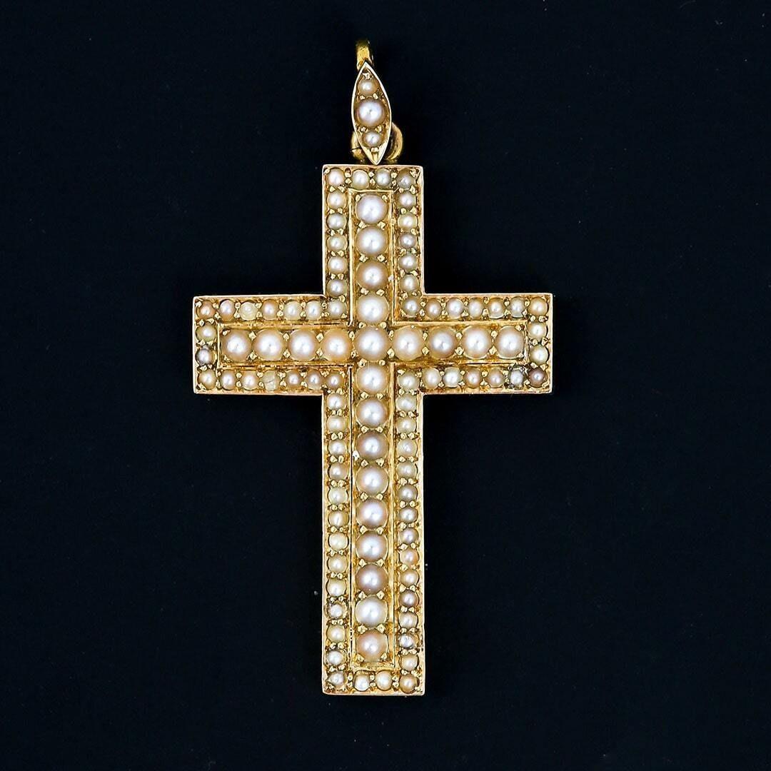 Women's Victorian 15ct Yellow Gold and Pearl Encrusted Cross Pendant, Circa 1860