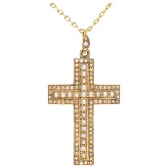 Antique Victorian 15ct Yellow Gold and Pearl Encrusted Cross Pendant, Circa 1860