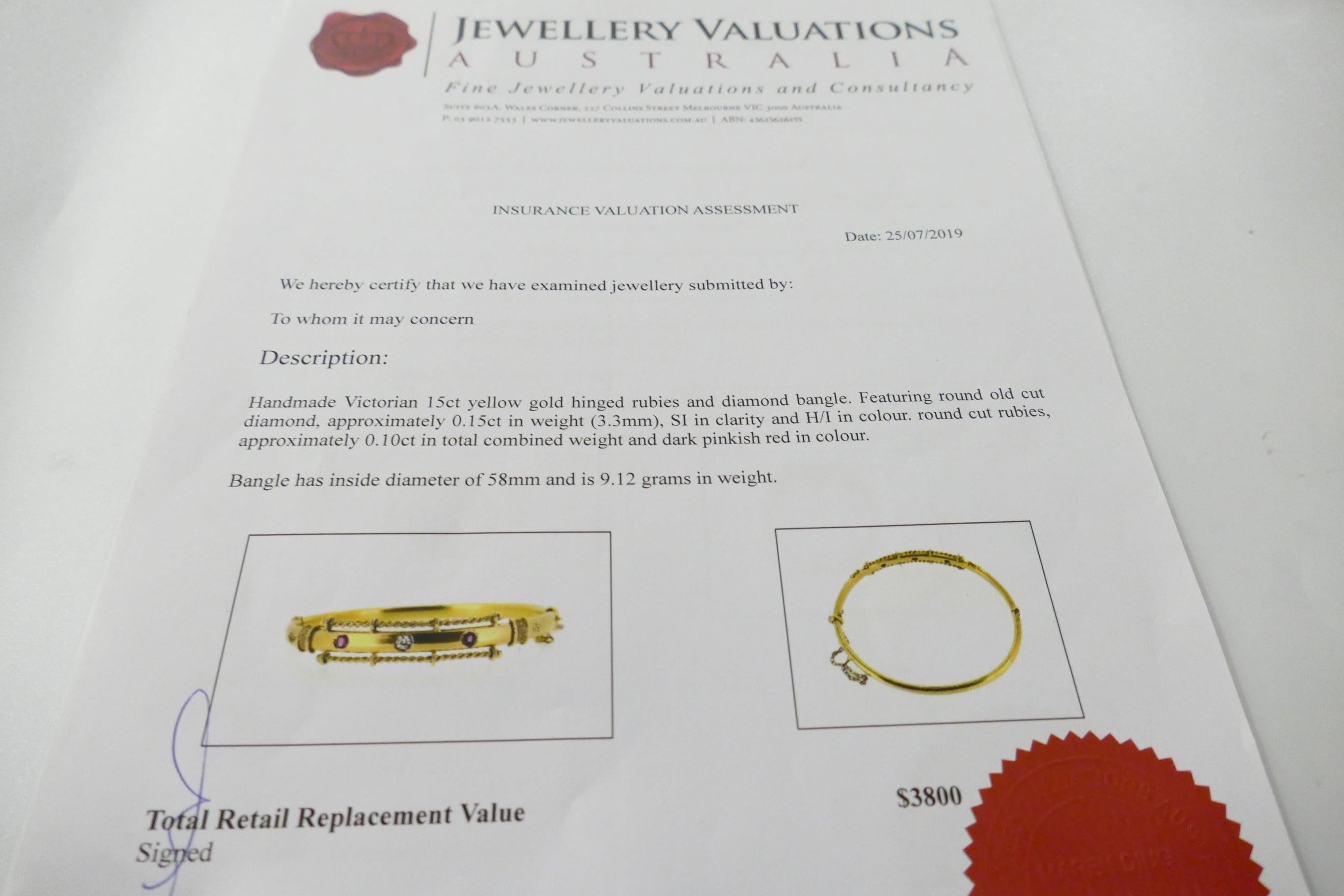 Women's Victorian 15 Carat Yellow Gold Hinged Ruby and Diamond Bangle For Sale