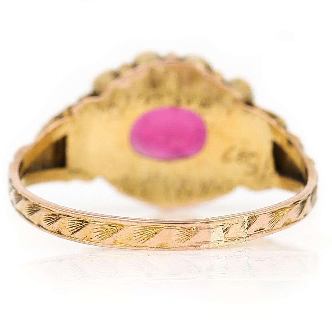 Viktorianischer 15 Karat Gelbgold Ring mit roter und blauer Paste und Perlen Cluster 4