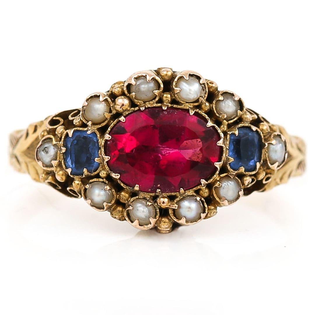 Late Victorian Victorian 15ct Yellow Gold Red and Blue Paste and Pearl Cluster Ring