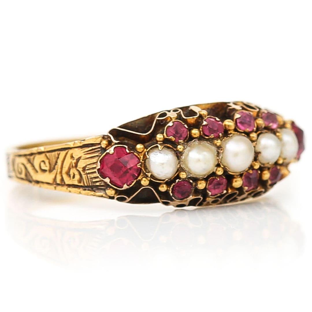 Victorian 15ct Yellow Gold Ruby And Pearl Band Ring Circa 1878 For Sale ...